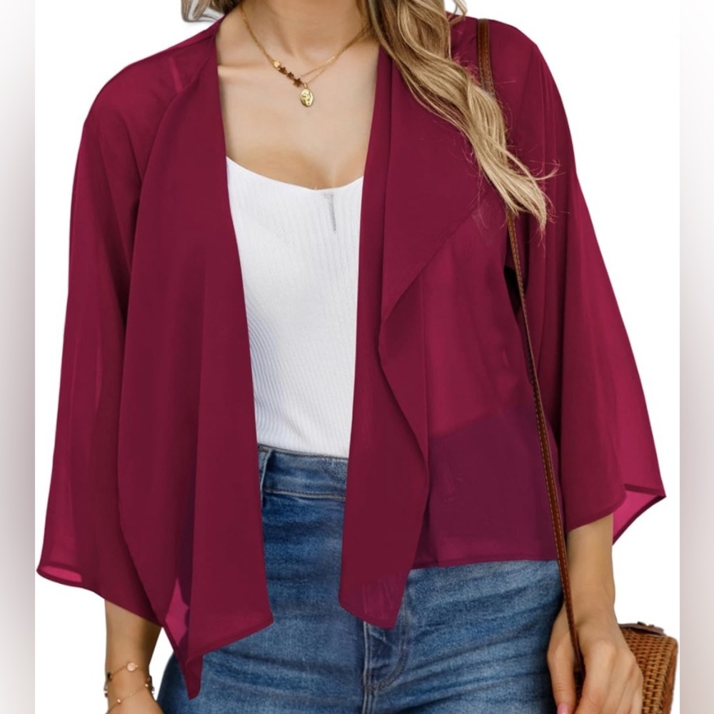 Sheer Red Burgundy Cropped Bolero Women’s Cardigan Shrug Sz L